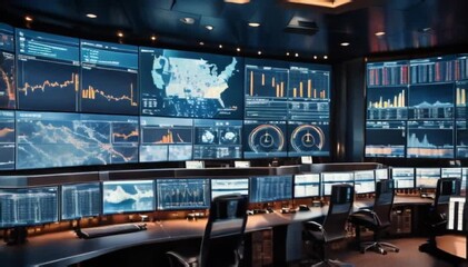High-tech control room with large digital screens showing real-time financial data and analytics