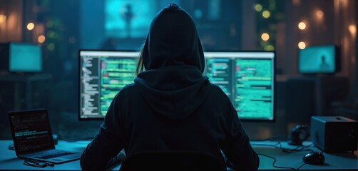 back view of anonymous female hacker coding malicious virus on high-performance computer at midnight