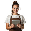 © Rhony - Young female cafe entrepreneur smiling holding tablet isolated on transparent background