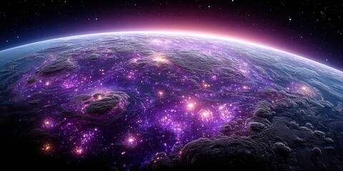 Spectacular view of a distant planet with a purple glow in the vast expanse of space.
