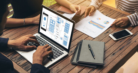 Wall Mural - ux ui design process for modish mobile application and website . creative prototype of wireframe for