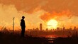 © scot - Silhouette of a person standing at sunset over a city.
