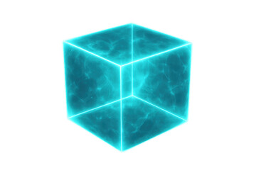 Wall Mural - rotating blue cube glowing with vibrant plasma energy, set against a transparent background, exuding