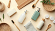 © Ilhamm - Flat lay of natural household and personal care items: soap, wood, and cotton balls on a cream background. Clean, natural, minimalist concept.