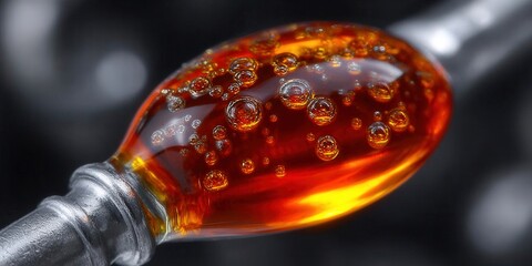 Macro shot of a glass object filled with amber liquid and countless bubbles.