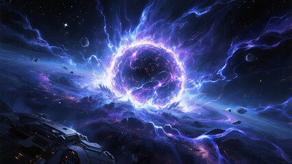 Wall Mural - a captivating view of a cosmic vortex surrounded by brilliant colors and energetic waves, with dista