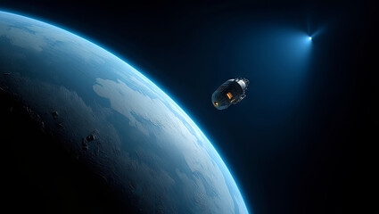 Wall Mural - a spacecraft is positioned in orbit around a vibrant blue planet, with a glowing comet visible in th