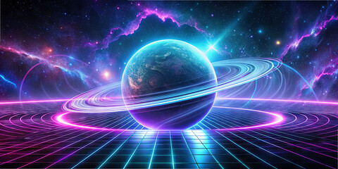 Wall Mural - a vibrant cosmic landscape showcases a planet surrounded by rings, set against a mesmerizing starry 