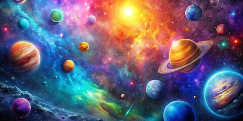 Wall Mural - a vivid galaxy filled with multiple planets of varying colors, swirling nebulas, and bright stars. t