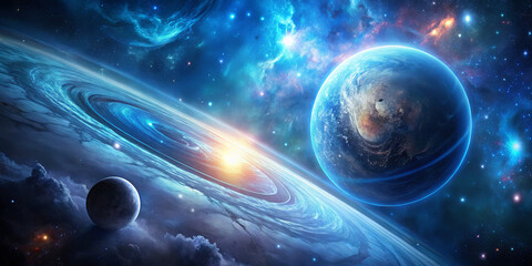 Wall Mural - swirling galaxies and bright planets fill the vastness of space, with hues of blue, orange, and purp