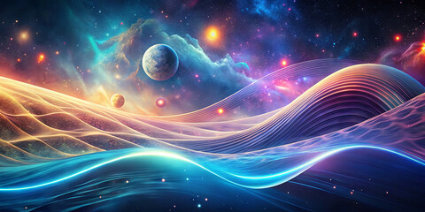 Wall Mural - a cosmic landscape features swirling waves of vibrant colors, alongside two planets embedded in a ba