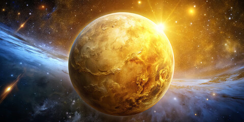 Wall Mural - venus shines brightly as it reflects sunlight against a backdrop of cosmic clouds and distant stars.