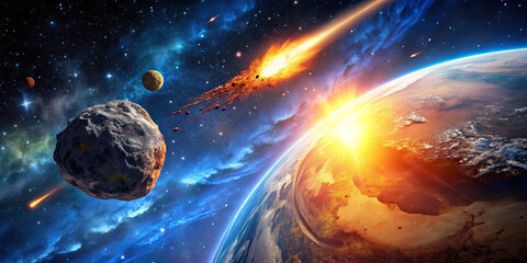 Wall Mural - a vibrant cosmic landscape showcases a meteor shower lighting up the dark void of space. planets orb