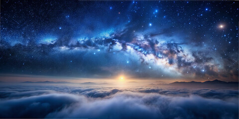 A breathtaking panorama showcases the Milky Way galaxy glittering above the horizon, with orange and blue hues illuminating the clouds and mountains during twilight