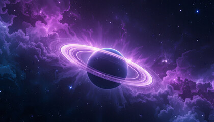 Wall Mural - a stunning celestial scene features a planet with rings amidst swirling purple and blue cosmic cloud