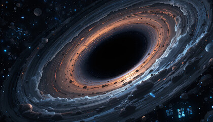 Wall Mural - a vast black hole at the center is encircled by luminous rings of cosmic dust and distant planets, c