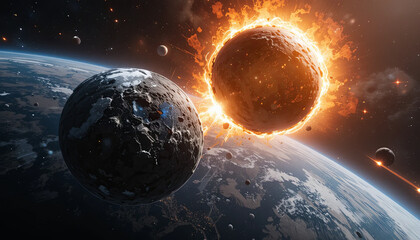 Wall Mural - a dramatic cosmic event unfolds with an exploding sun close to earth, showcasing fiery bursts and th