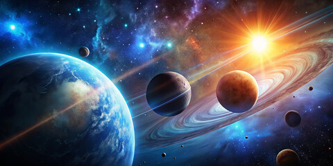 Wall Mural - multiple planets are arranged in a stunning cosmic landscape, illuminated by a bright sun rising in 