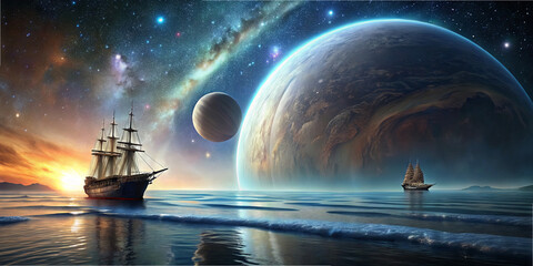 Wall Mural - two ships sail on a serene ocean, surrounded by a breathtaking cosmic backdrop filled with stars and