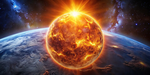 Wall Mural - a vibrant planet glows intensely with fiery colors, hovering above earth. the scene captures a cosmi