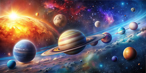 Wall Mural - colorful planets orbit around a glowing sun in a vast cosmic scene filled with swirling clouds of ga
