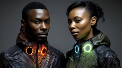 Wall Mural - two people in futuristic clothing with glowing elements of different colors