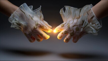 Wall Mural - two arms with transparent sleeves, inside which glow orange lines and dots, reminiscent of neural co