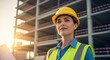 © NE97 - Confident female engineer in safety gear on construction site. Perfect for construction, architecture, and career development marketing. Strong leadership, progress, success.