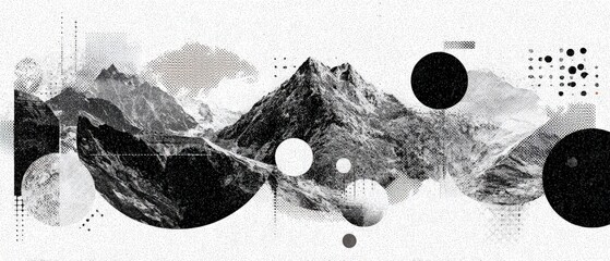 Sticker - abstract monochrome mountain landscape with geometric shapes and halftone patterns conceptual nature