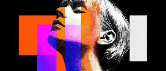 Sticker - abstract portrait of a young adult woman with geometric shapes and vibrant colors in a modern art st