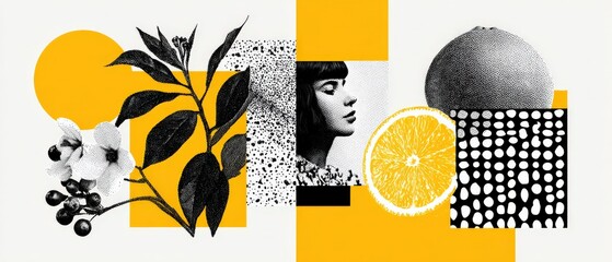 Wall Mural - graphic design collage with woman, citrus fruit, and floral elements in yellow and black modern art 