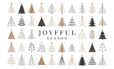 collection of stylized christmas trees in various designs and colors with a joyful season message ce