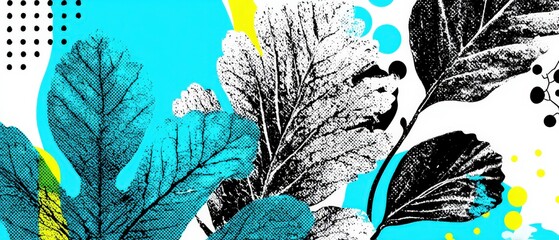 Wall Mural - abstract botanical illustration with halftone leaves and geometric shapes in vibrant blue and yellow