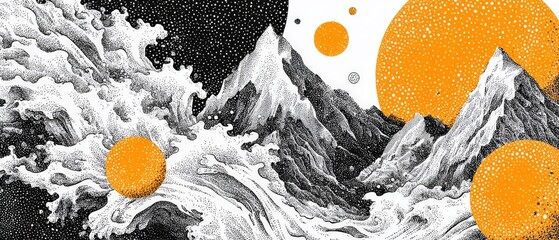 Poster - surreal stippling art of mountain peaks and ocean waves with orange celestial bodies dreamlike lands