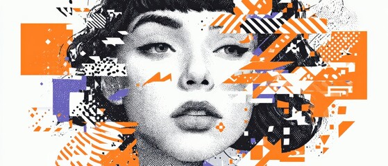 Sticker - artistic portrait of a young woman with abstract geometric shapes and halftone pattern creative conc