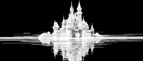 Wall Mural - glitch art of fantasy castle with reflection on water in black and white concept of fairytale, archi