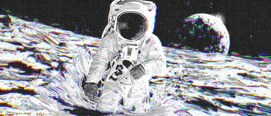 astronaut in spacesuit walking on the moon with earth in the background concept of space exploration