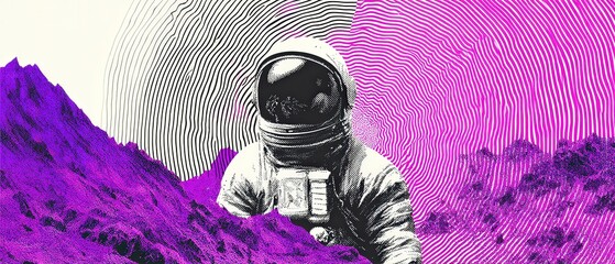 Wall Mural - surreal spaceman on purple planet with abstract background concept of space exploration, scifi, and 