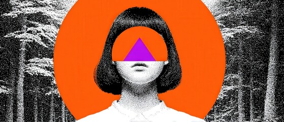 Sticker - abstract portrait of a young woman with geometric shapes and forest background conceptual art with v