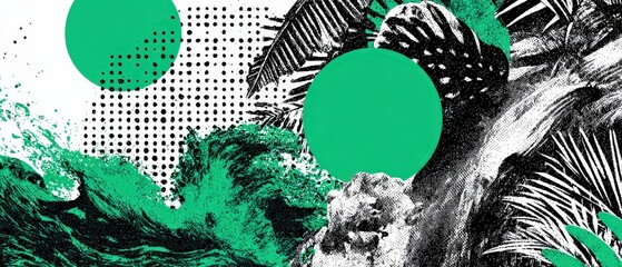 Sticker - abstract green and black tropical collage with paint strokes and geometric shapes modern art design