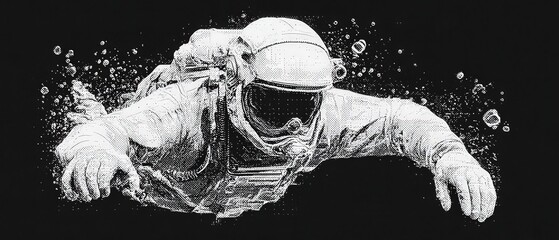 Wall Mural - dramatic monochrome illustration of astronaut floating in space with bubbles concept of space explor