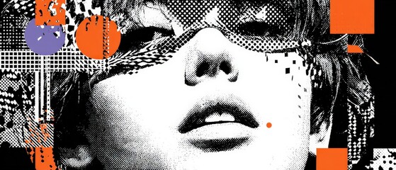 Sticker - abstract portrait of a young adult woman with halftone pattern and geometric shapes in a modern arti