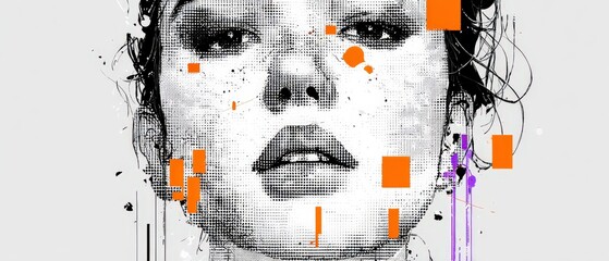 Sticker - abstract halftone portrait of a young woman with orange and purple geometric shapes conceptual art w