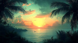 Serene Tropical Sunset Idyllic Ocean View Framed by Palm Trees