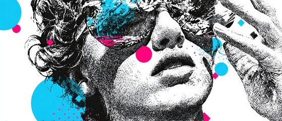 Sticker - cool statue wearing sunglasses with vibrant geometric shapes in a modern pop art style concept of ar