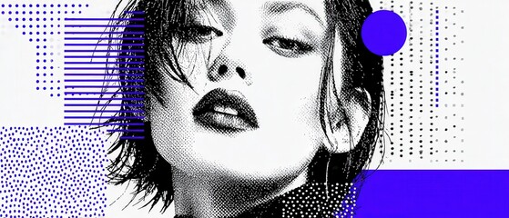 Sticker - stylish woman portrait with halftone pattern and geometric shapes in blue and black concept of moder