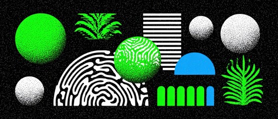 Sticker - abstract geometric shapes with vibrant colors on black background modern art with circles, lines, an