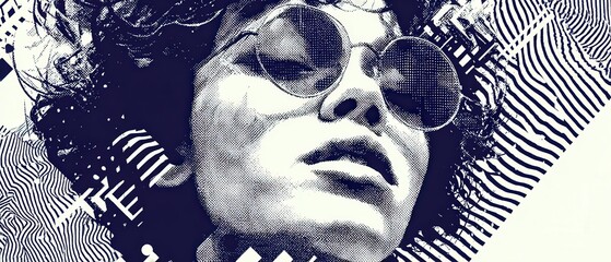 Sticker - stylish woman with sunglasses in halftone pattern, artistic portrait with retro vibes and abstract b