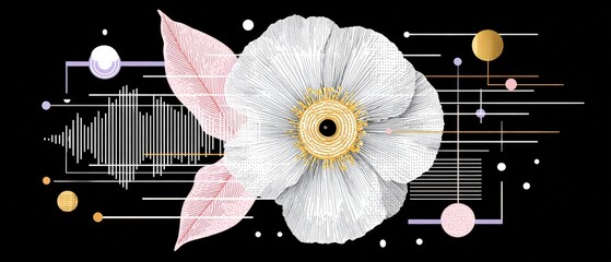 Sticker - elegant white flower with geometric shapes and sound wave on black background modern floral design w