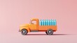 © Luminary Studio - Orange pickup truck carrying blue bottles against a solid pastel pink colored plain background